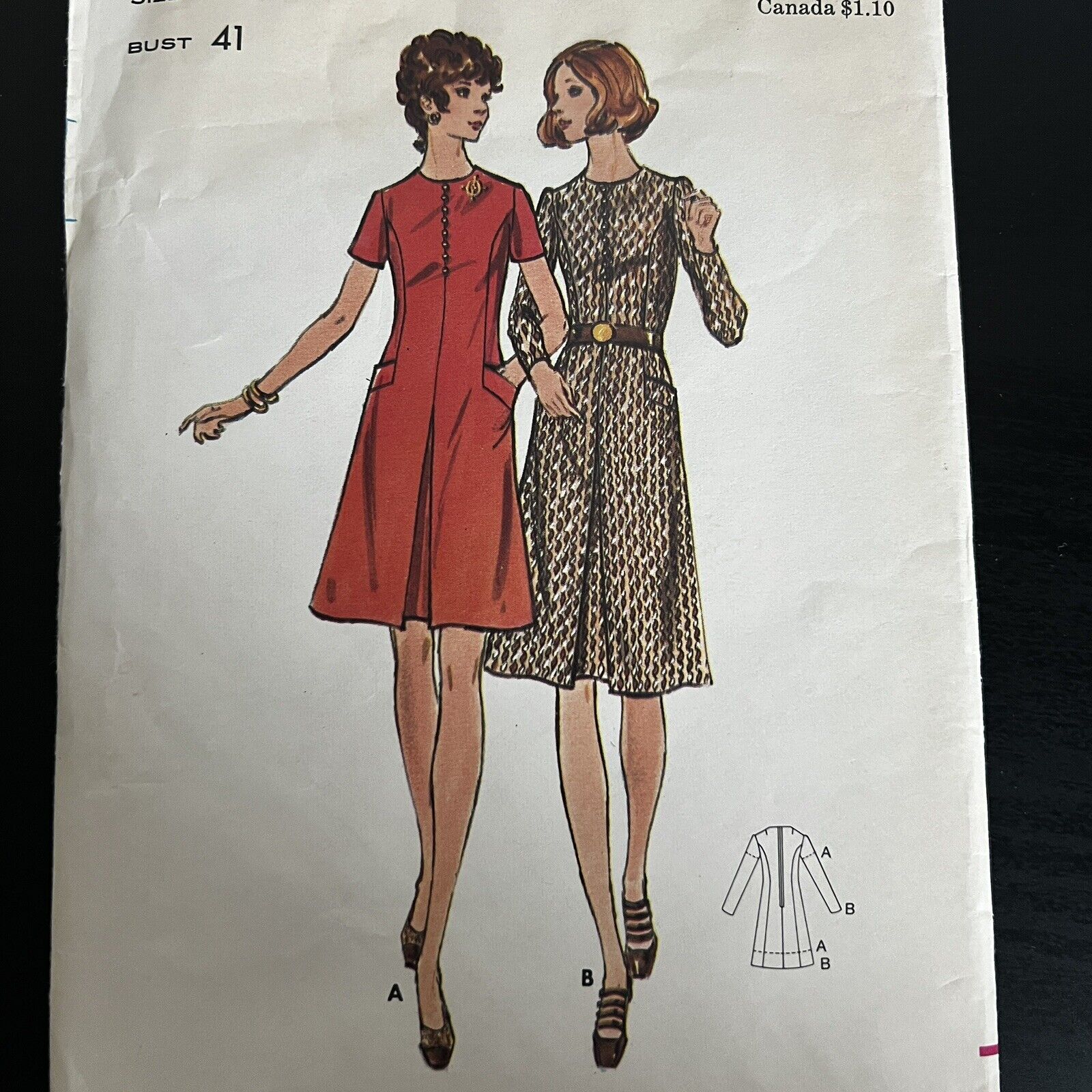 Vintage 1970s Butterick 6541 Semi-Fitted A-Line Dress Sewing Pattern 18.5 CUT