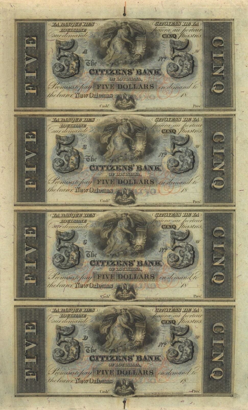 Citizens' Bank of New Orleans, Louisiana - Uncut Obsolete Sheet - Broken Bank No