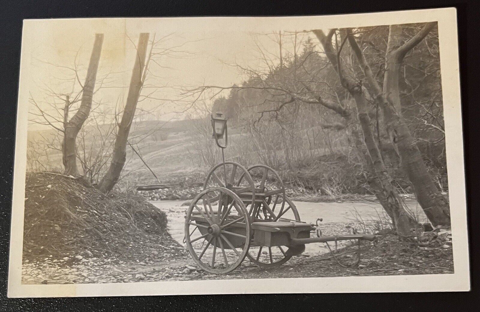 ATQ c.1910s Photo Horse Drawn Cart Farm Equipment Lantern Wooded Landscape