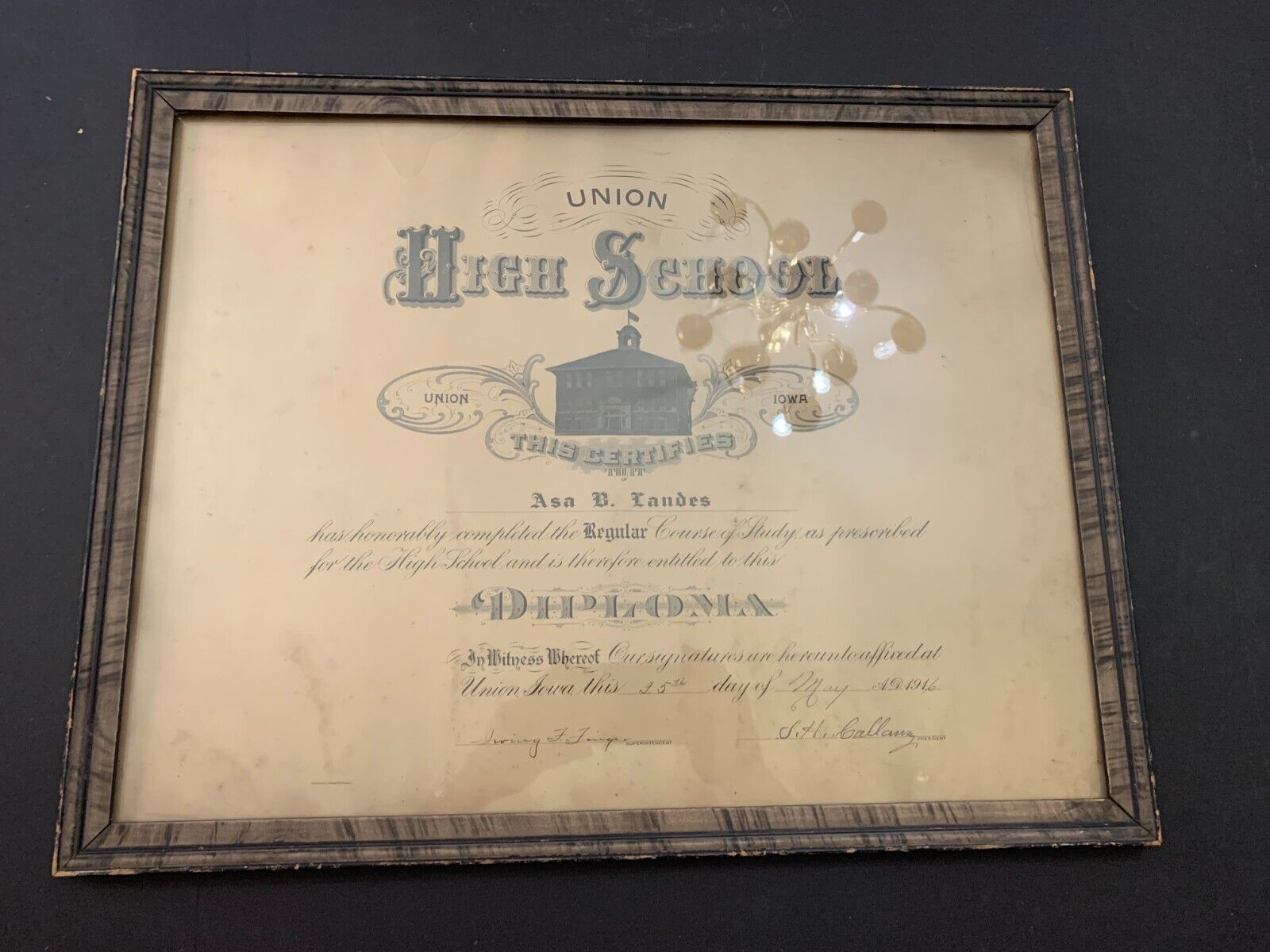 1916 Union Iowa High School Framed Diploma Large