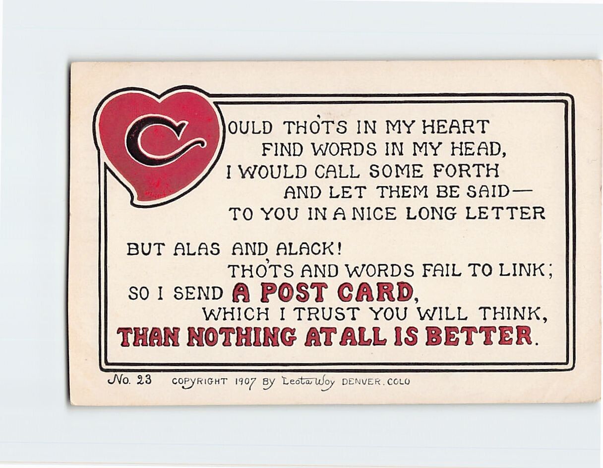 Postcard Love/Romance Greeting Card with Poem and Heart Embossed Art Print