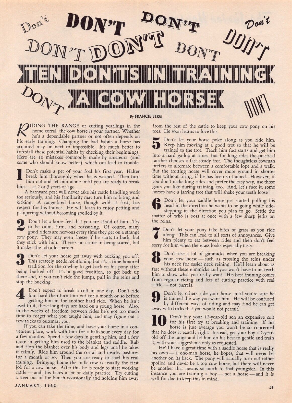 Ten Don'ts In Training A Cow Horse Francie Berg Author Vtg Magazine Excerpt