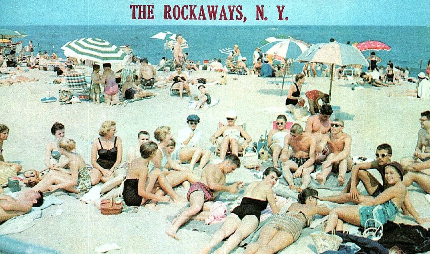 1960s ROCKAWAYS BEACH NEW YORK SUNBATHING SWIMSUITS SUMMER FUN POSTCARD P974