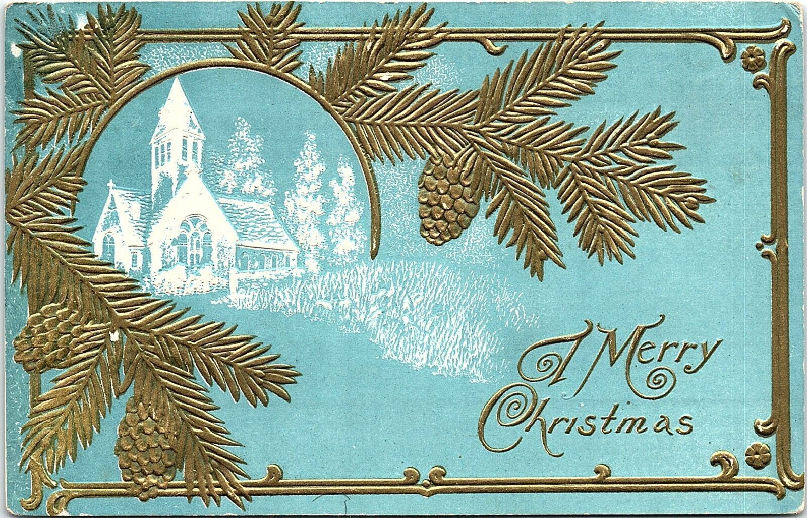 c1915 MERRY CHRISTMAS CHURCH PINE CONES SUTTON NE EMBOSSED POSTCARD 39-258