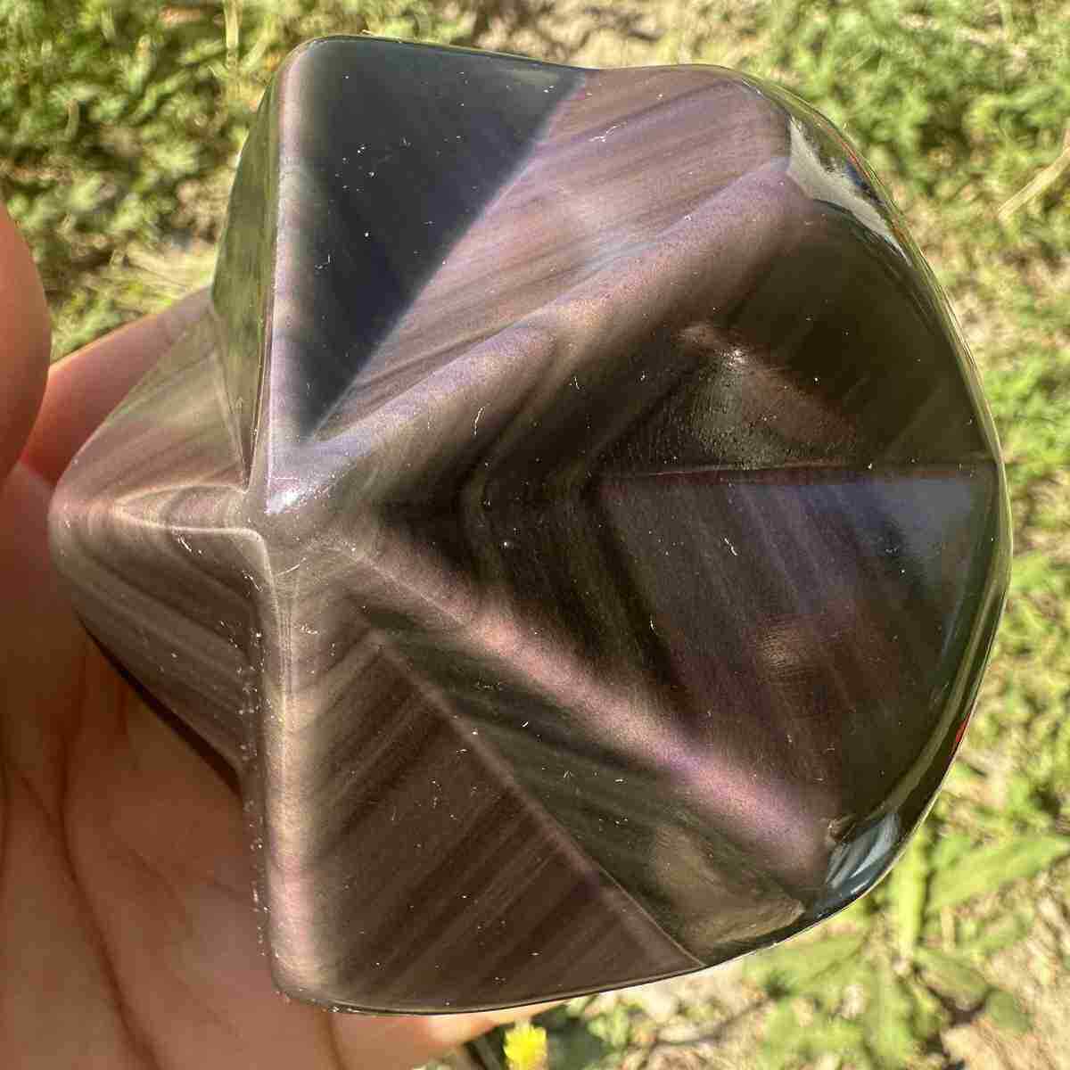 315g Natural Rainbow Cat\'s eye Obsidian Quartz Palm Crystal Healing Gift Decor 
