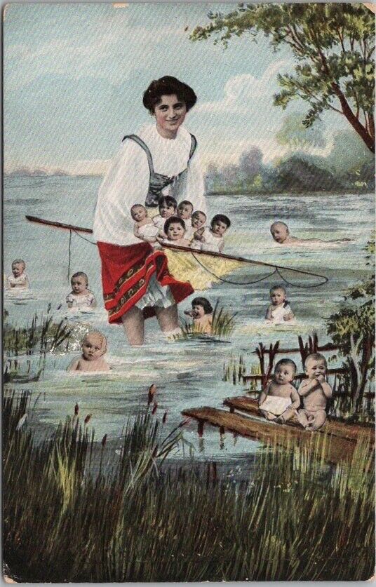 c1910s FANTASY Postcard Woman Fishing Babies Out of Lake - Not Postally Used