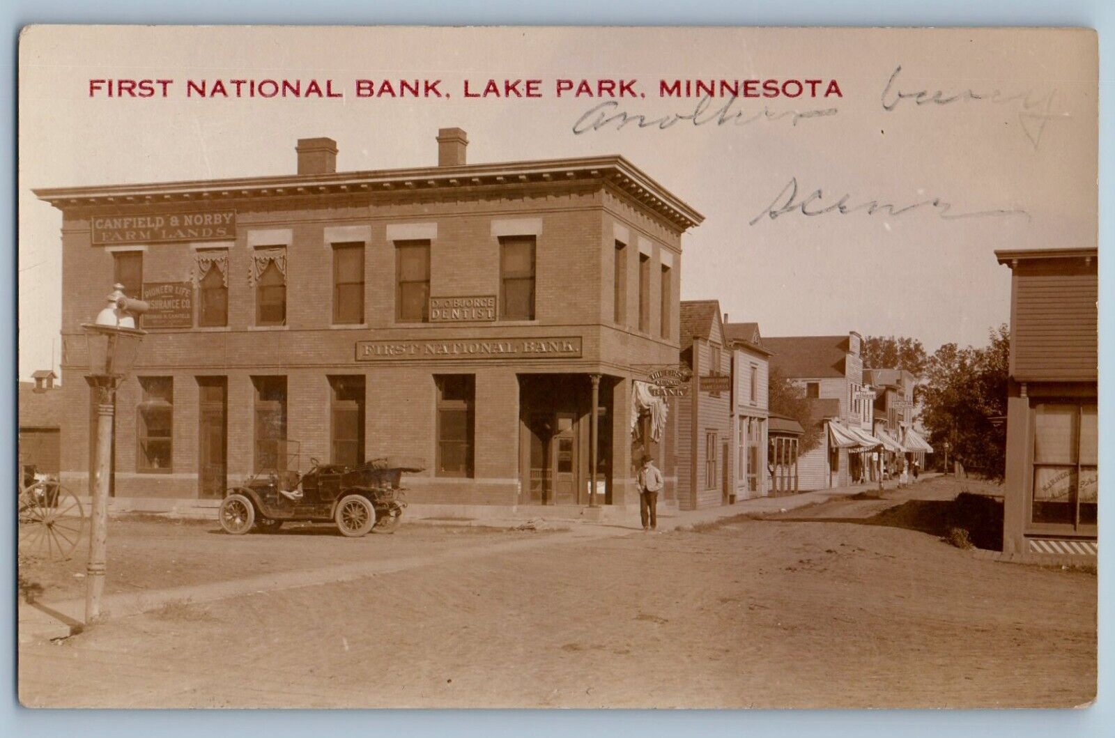 Lake Park Minnesota MN Postcard RPPC Photo First National Bank Car c1910\'s