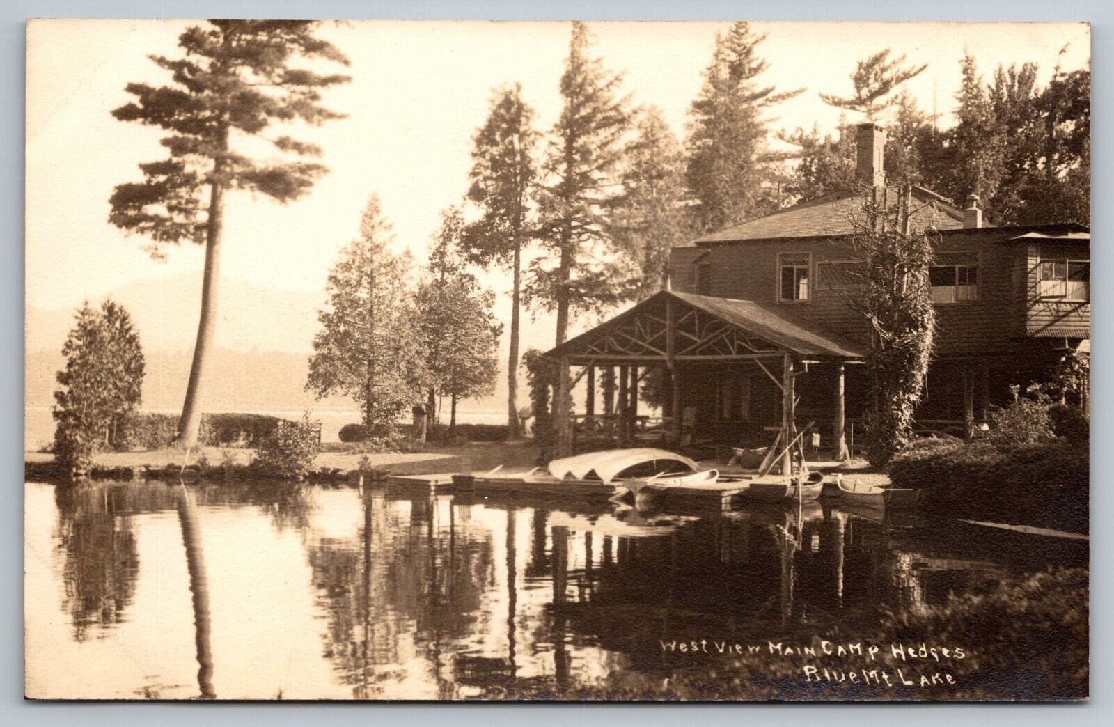West View, Main Camp Hedges, Blue Mountain Lake, NY Real Photo Postcard RPPC