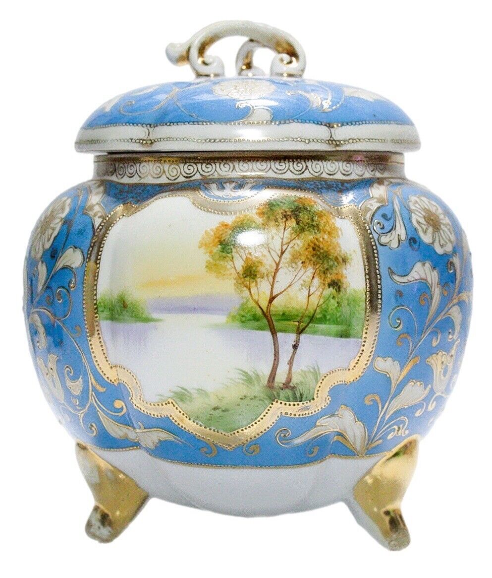 NIPPON Japan Antique Hand Painted Scenic Porcelain Covered Biscuit Jar RARE