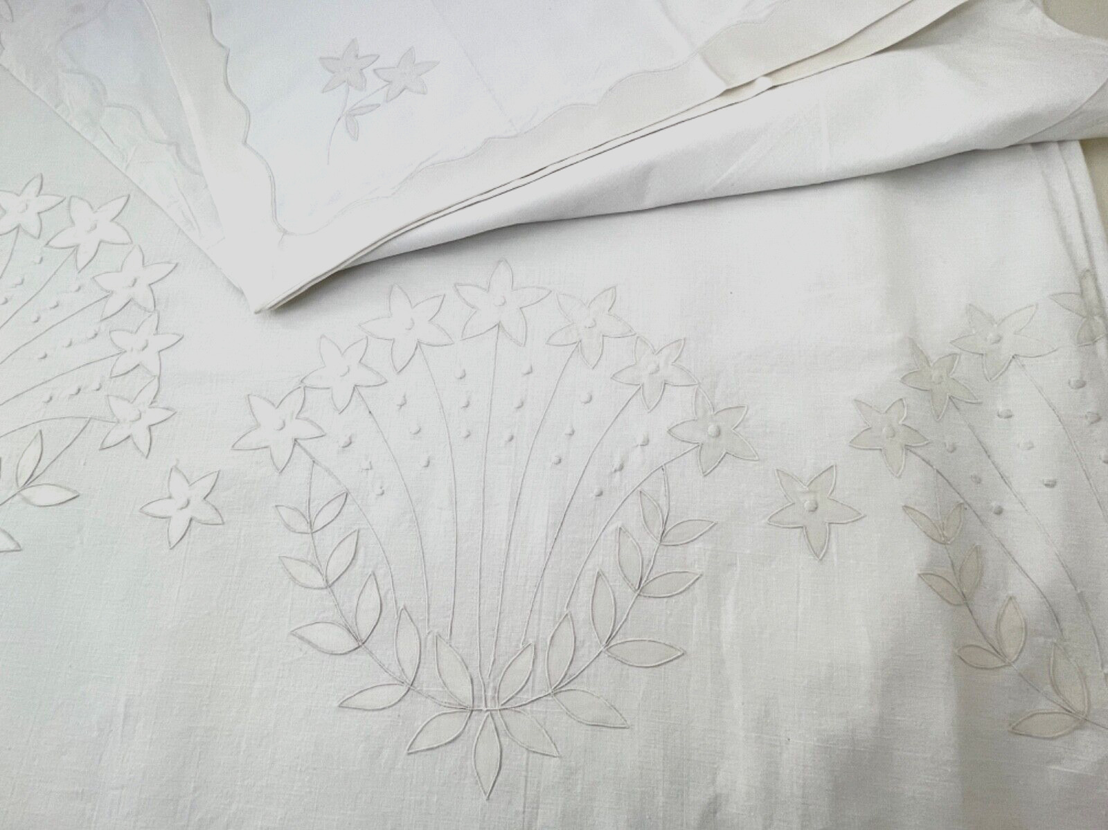 Vintage Cotton  Sheet & Pillowcases with Handmade Satin Appliqué and Edges YY918