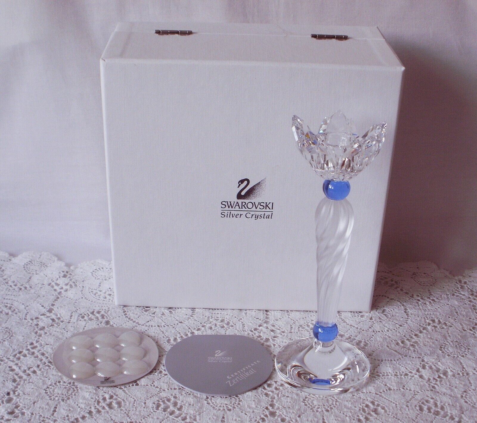 Swarovski Silver Crystal Blue Candle Holder, All Original Boxes, Certificate