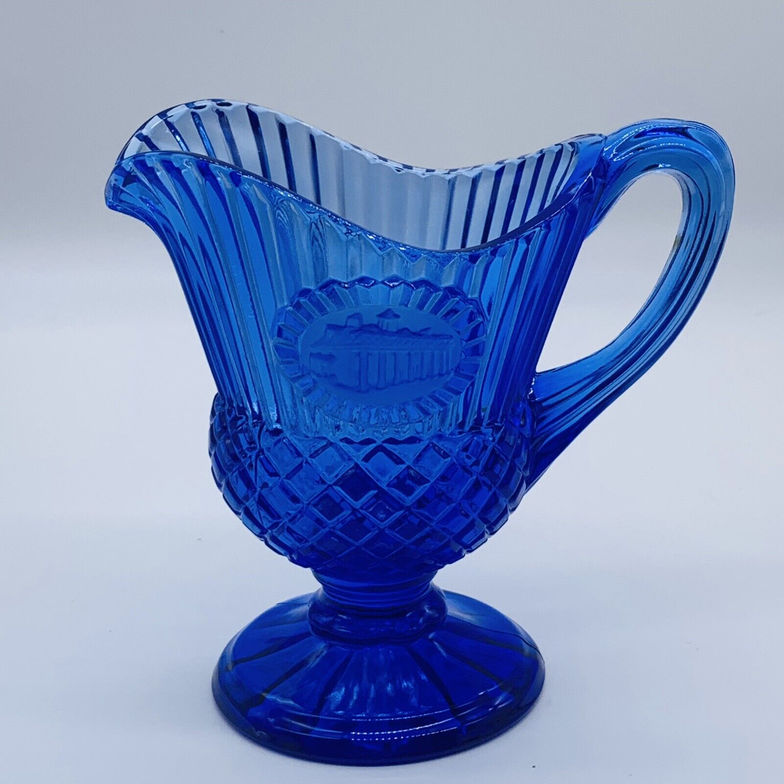 Vintage Avon Cobalt Blue Glass Pitcher Creamer Mt Vernon George Washington 5”T