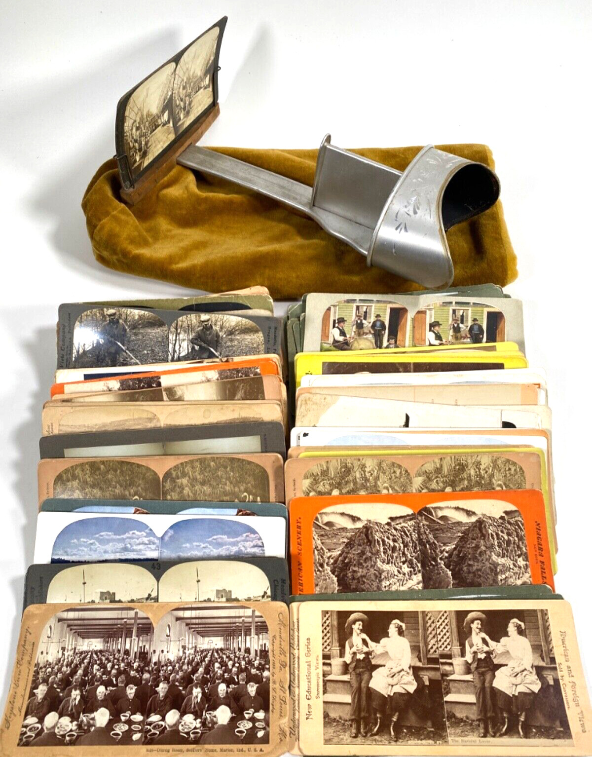1900s ANTIQUE STEREOVIEW 3-D VIEWER includes lot of 90 stereo-view photographs