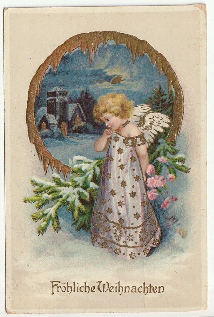 1919 Embossed Gilt German Christmas PC Angel in snow under moonlight