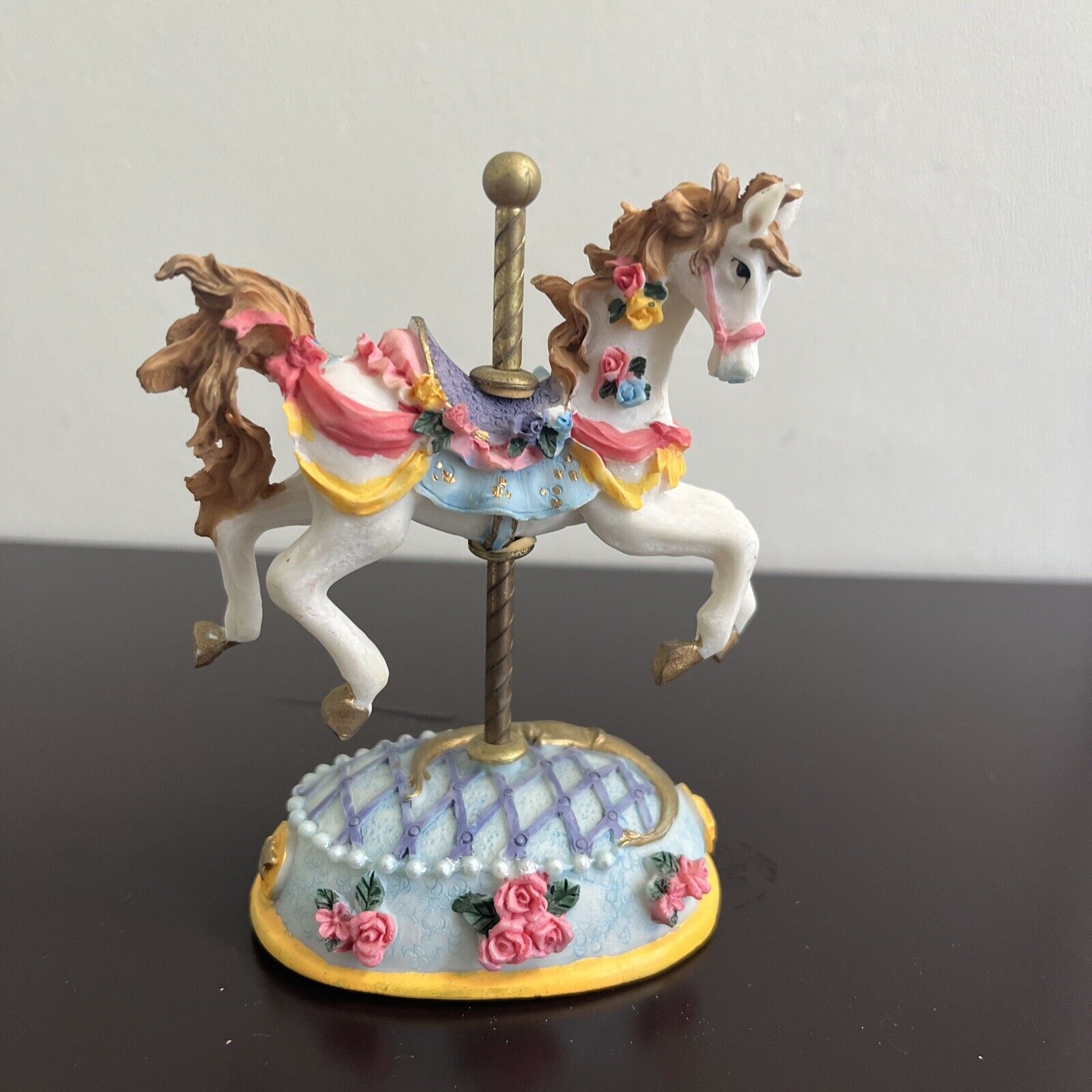 Vintage K’s Collection Wooden Carousel Horse Rose Flowers Crescent Moon