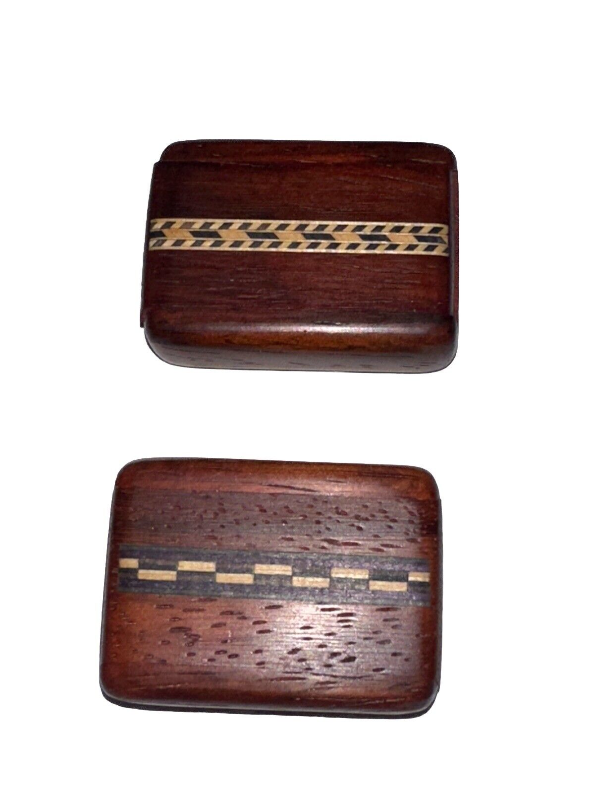 2 Vintage Artisan Small Wood Sliding Lid Stash Trinket Box Pill Keeper Inlaid