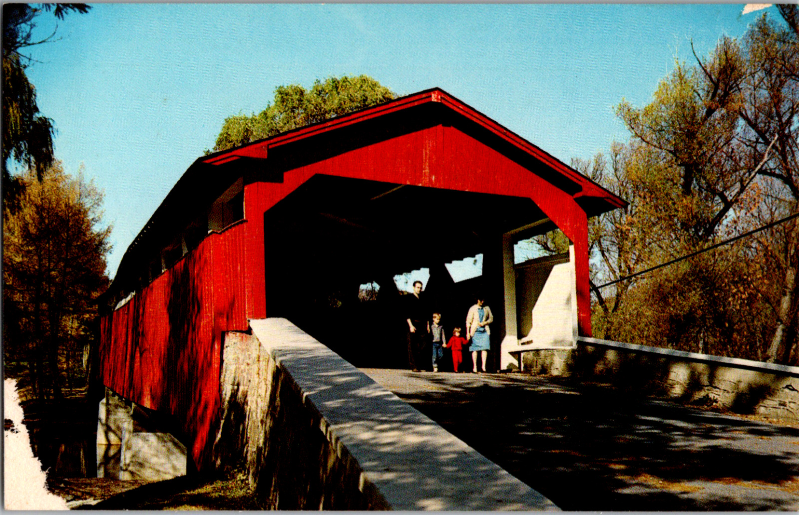 Vintage 1960s Family at Bogert's Covered Bridge, Lehigh Pennsylvania PA Postcard