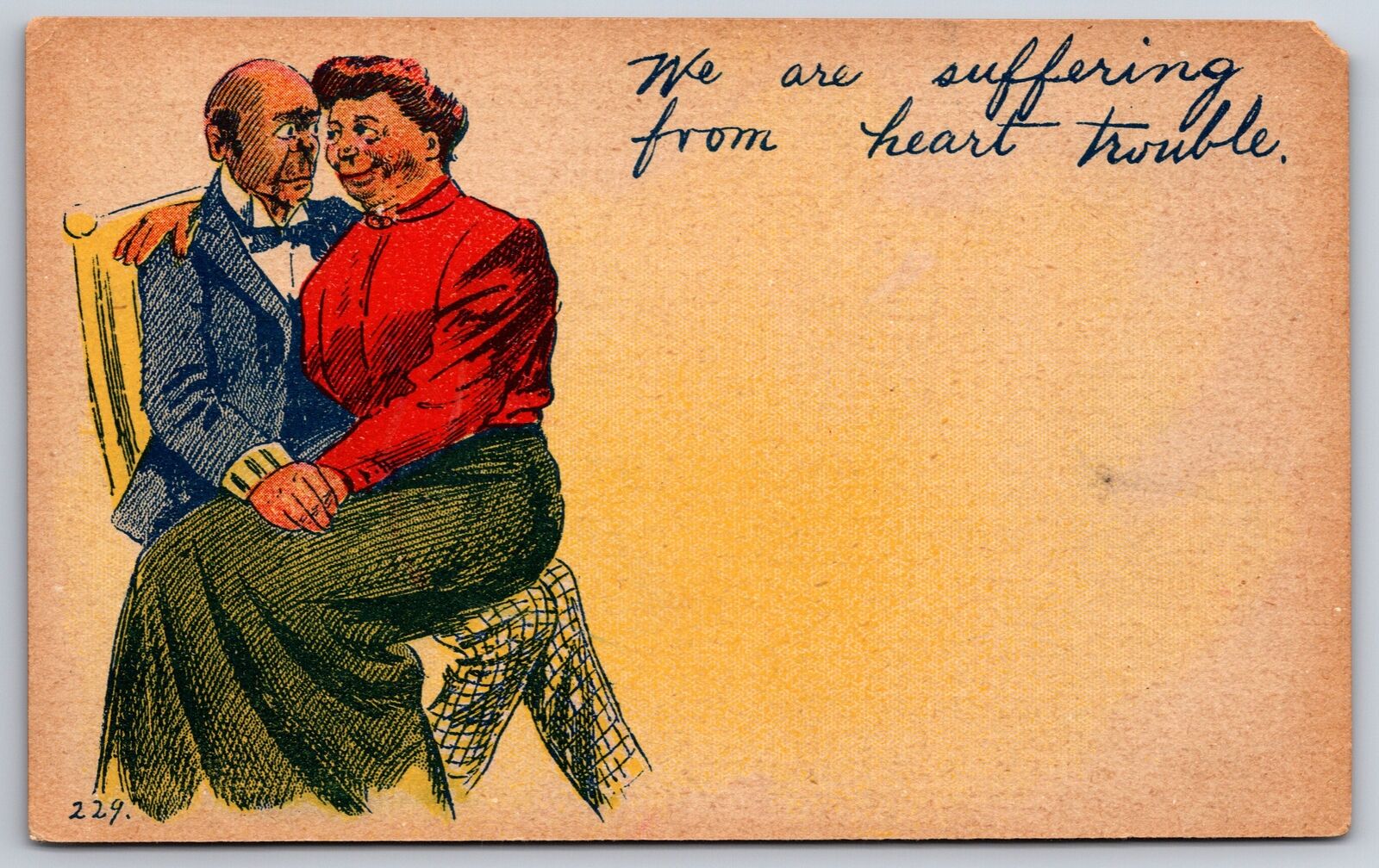 Comic Pun~Suffering From Heart Trouble~Romantic Older Couple~c1908 Postcard