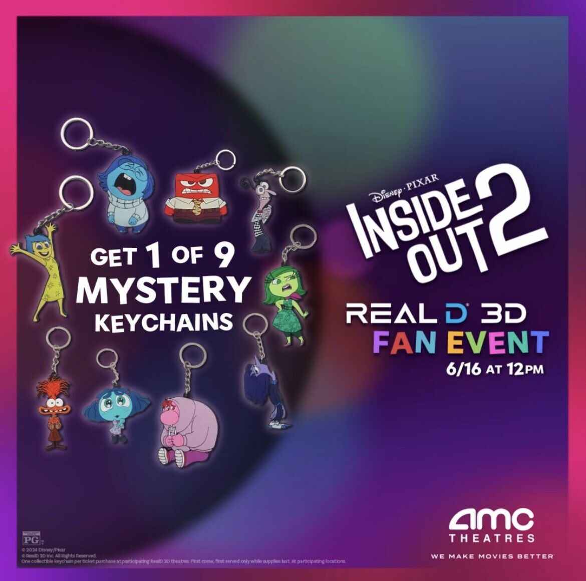 Disney Pixar Inside Out 2 Character Mystery Keychain AMC RealD 3D Fan Event