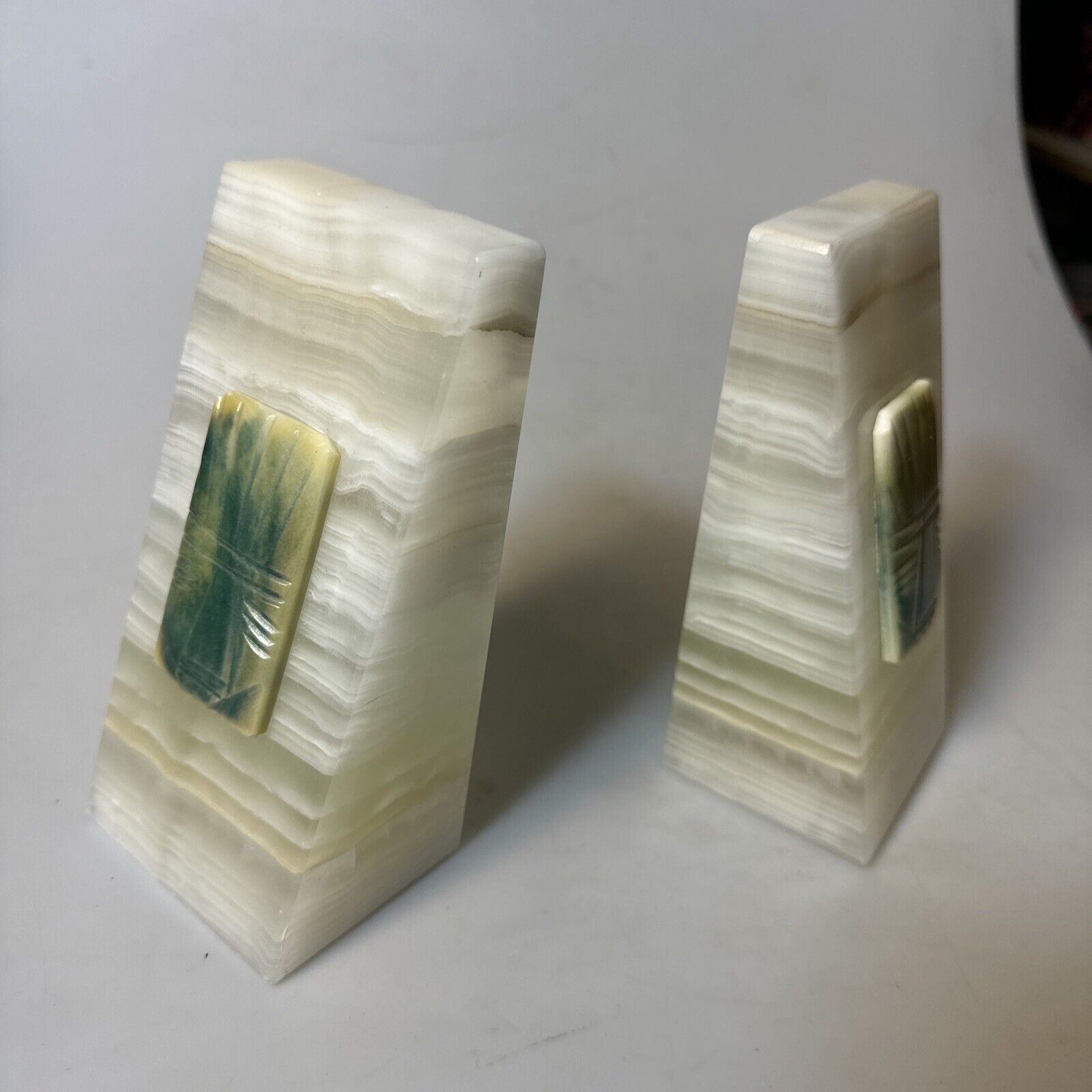 Vintage 60s banded onyx stone pair bookends Mayan green medallion emblems 6.5”