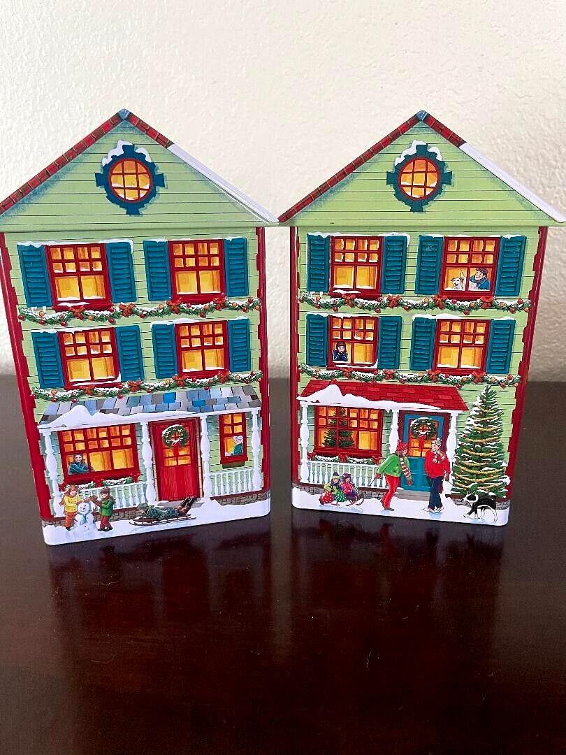 Harry London 2 Rare Fanny May Christmas Winter Village Tins~2 Sided Scenes 8\