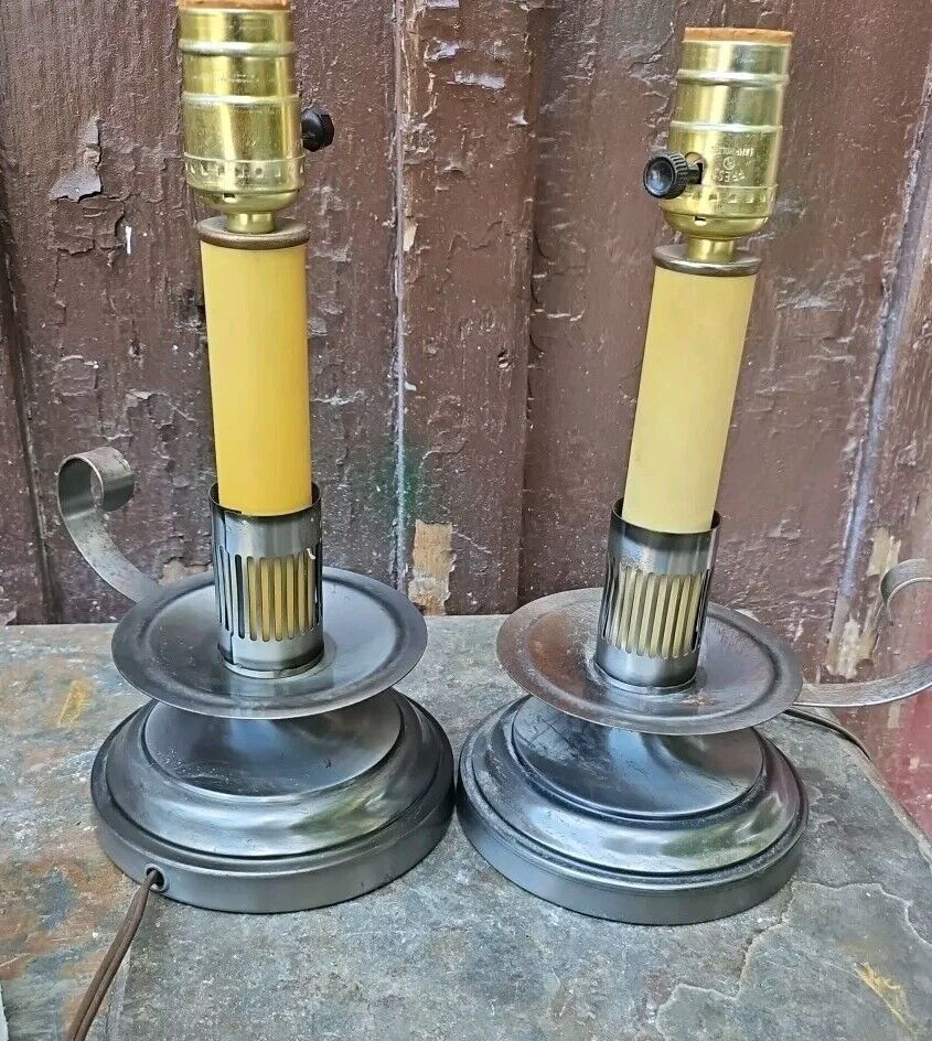TRUE VTG Metal Chamber Handled Candlestick Accent Lamps PAIR 11x7\