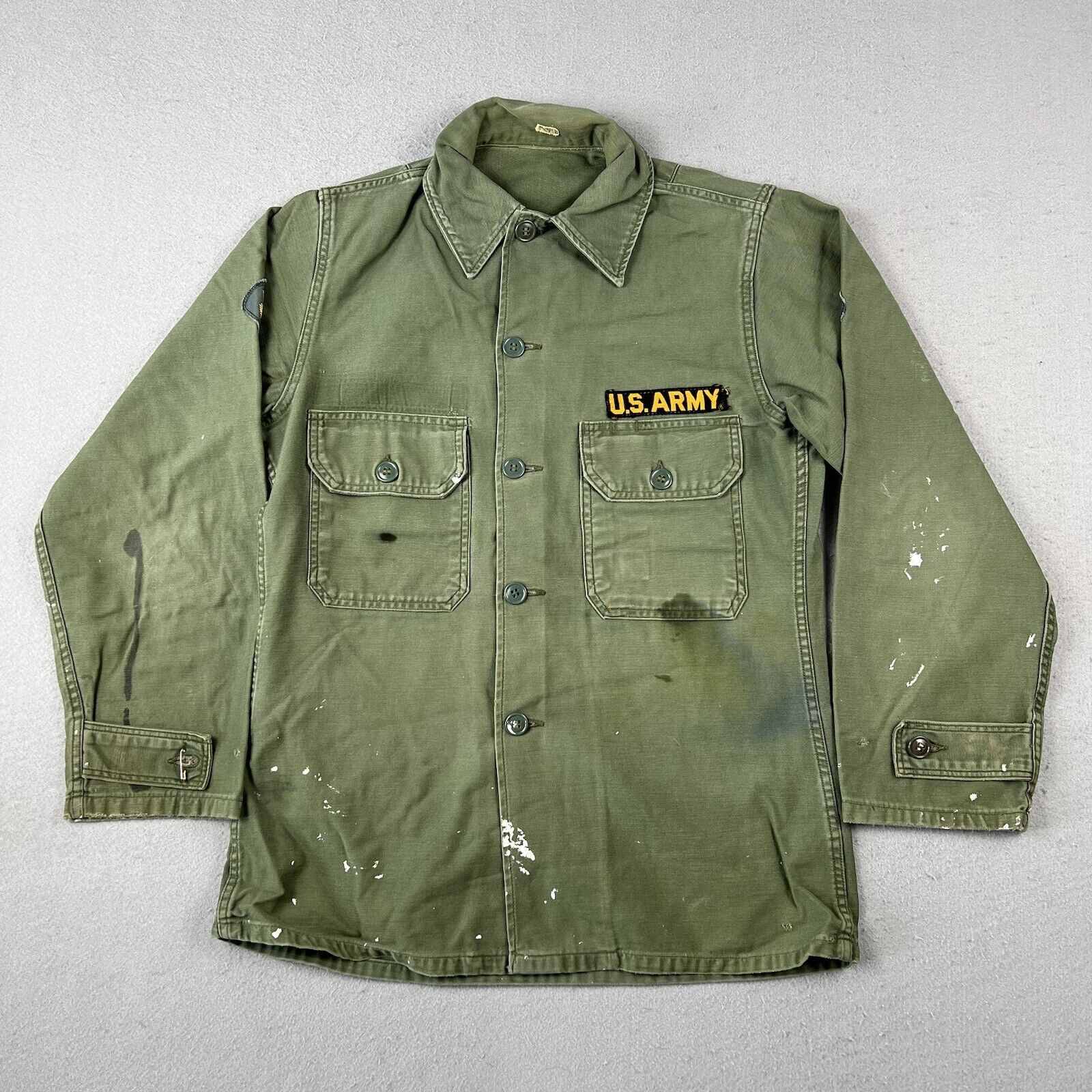 Vintage 60s Vietnam War US Army Military OG107 Sateen Shirt 2nd Pattern Distress