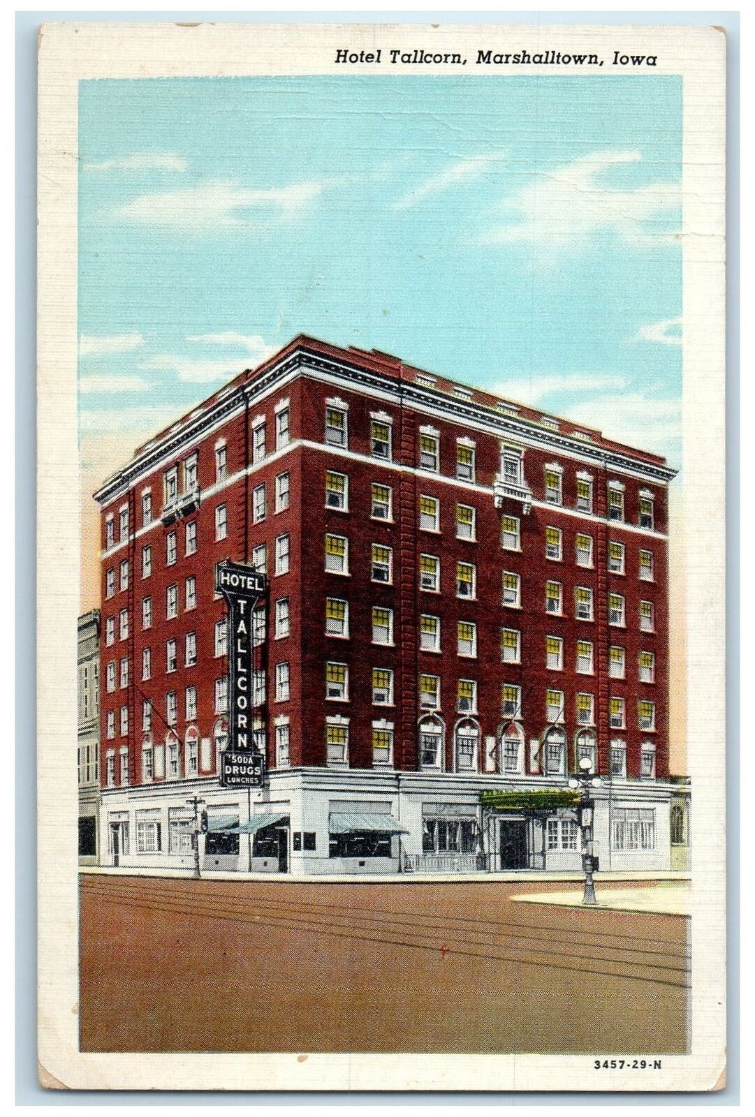 c1940s Hotel Tallcorn Exterior View Marshalltown Iowa IA Posted Signage Postcard