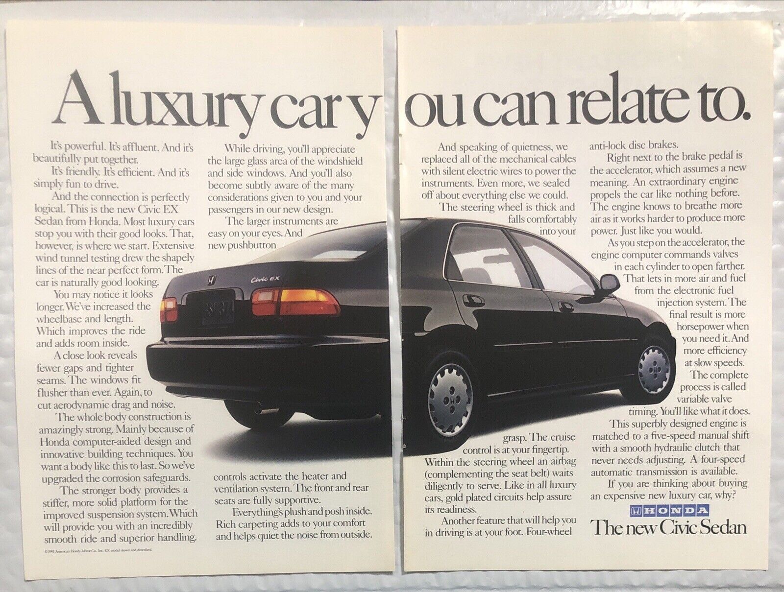 Vintage 1992 Original Print Ad Two Page - 1992 Honda Civic - You Can Relate To