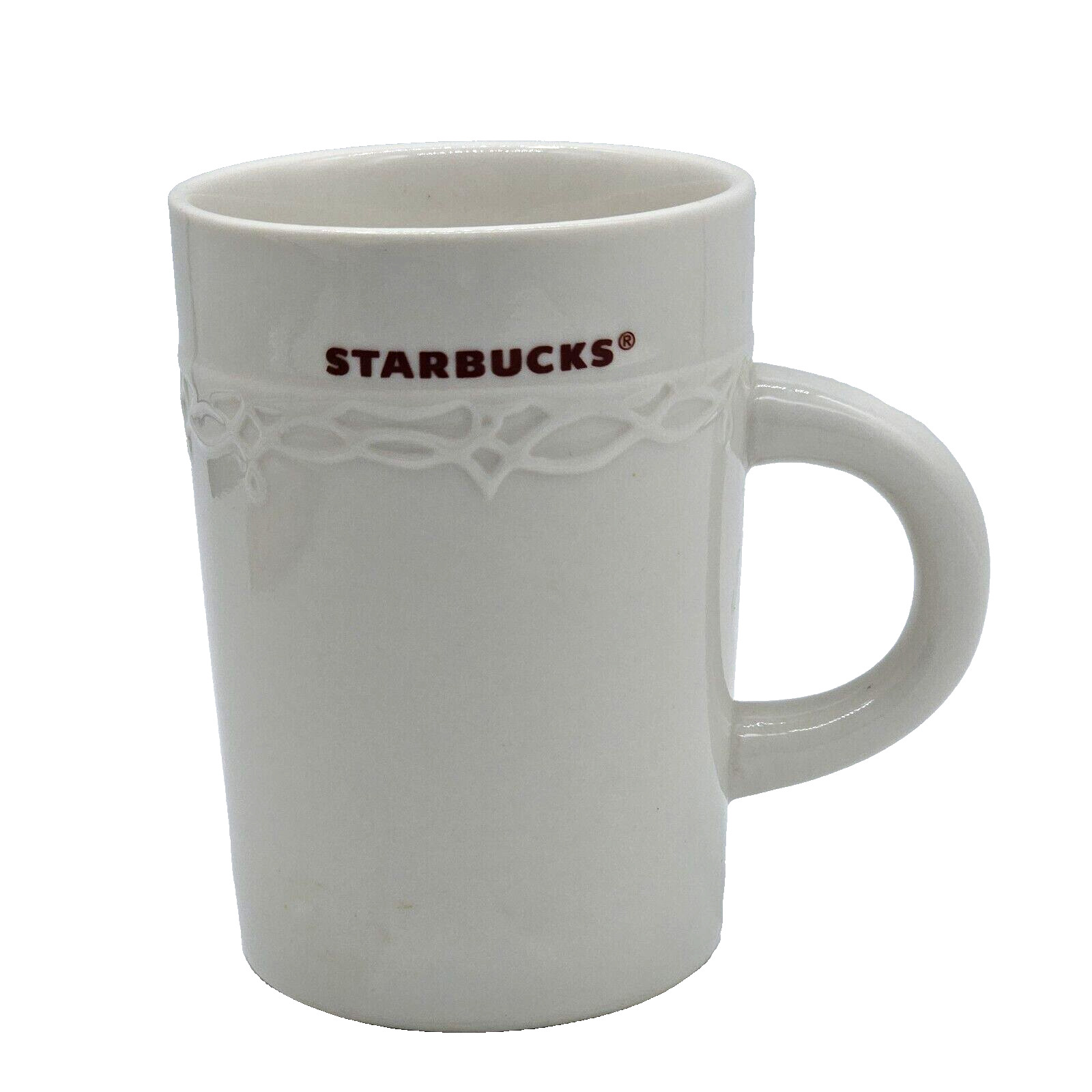 2010 Starbucks Red Logo White Embossed Raised Design Ceramic Coffee Mug 10oz Cup