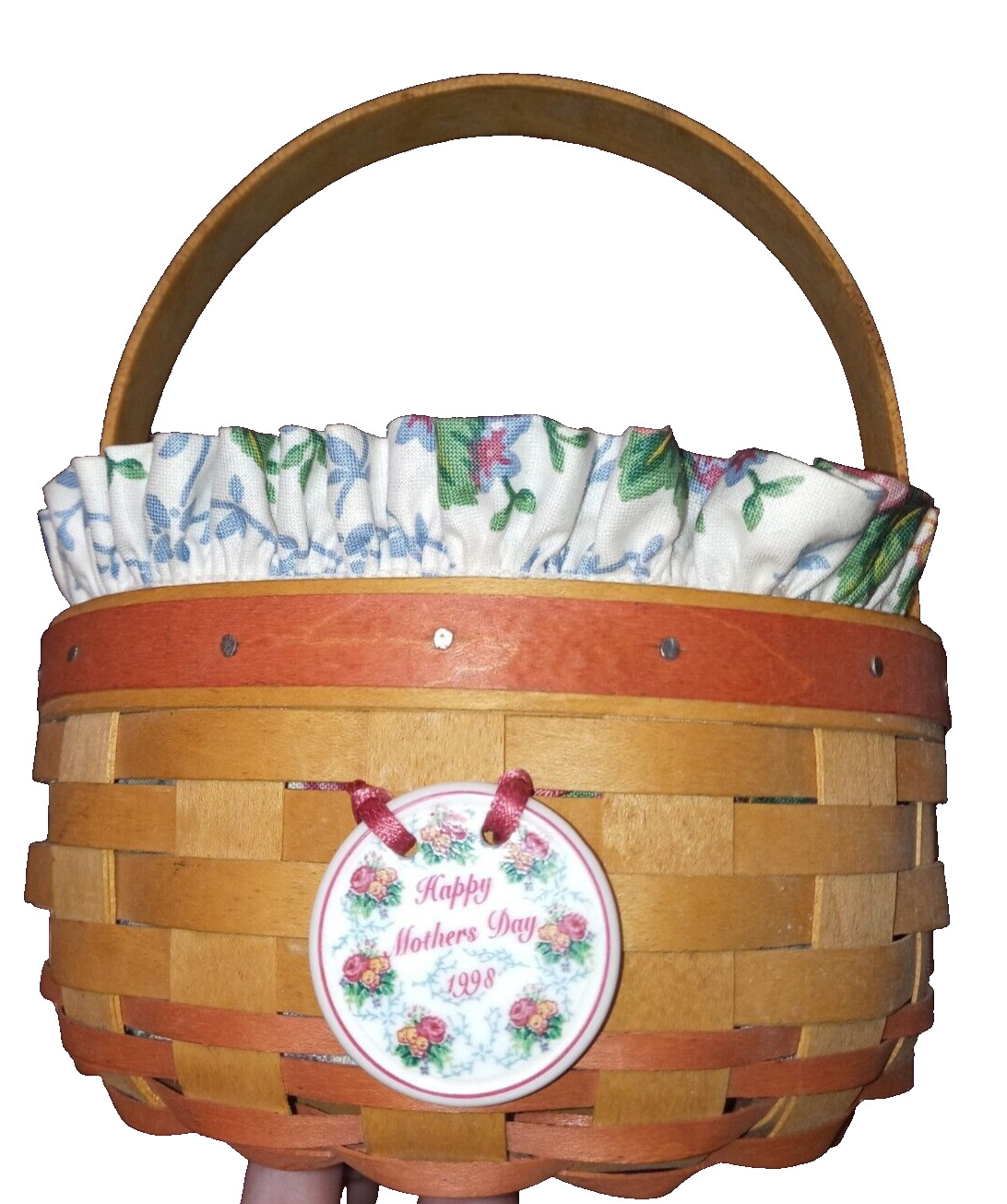 Longaberger 1998 Mother\'s Day Rings & Things Basket w/ Liner, Protector, &Tie-on