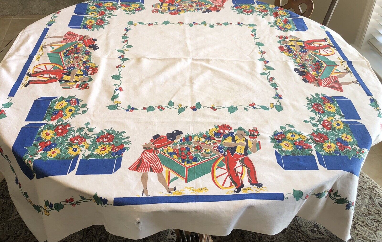 Vintage STARTEX STARMONT Flower Cart Tablecloth 47\