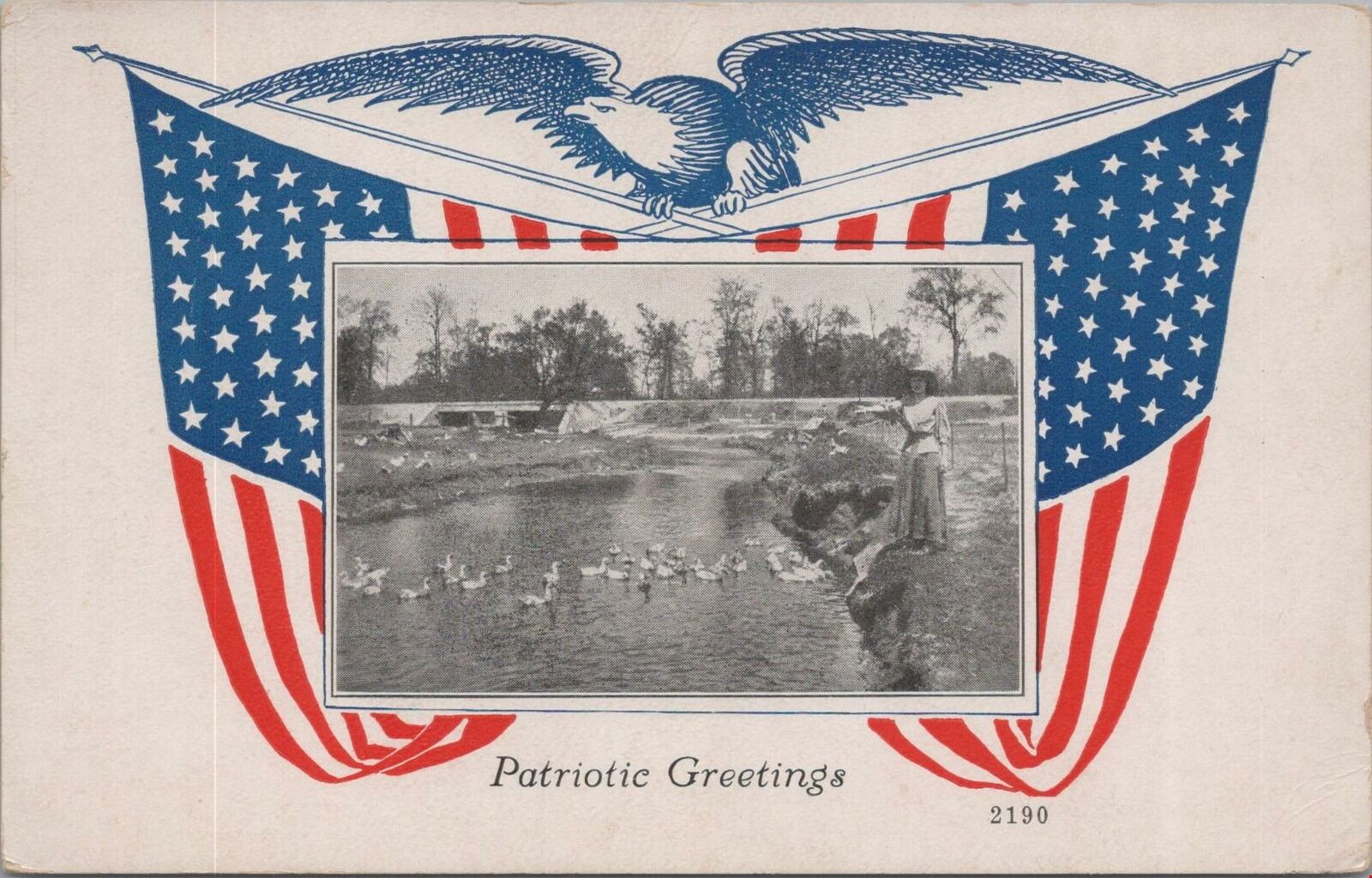 Postcard Patriotic Greetings Woman Pond American Flag + Eagle 