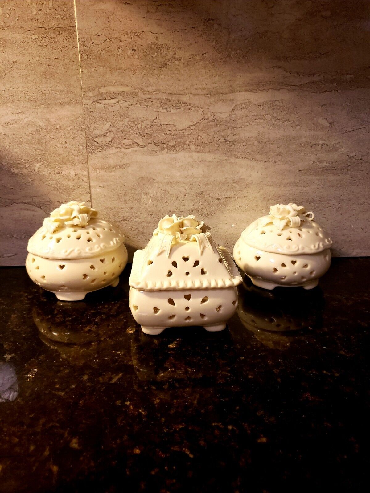 Three Ivory Colored Porcelain Trinket Boxes