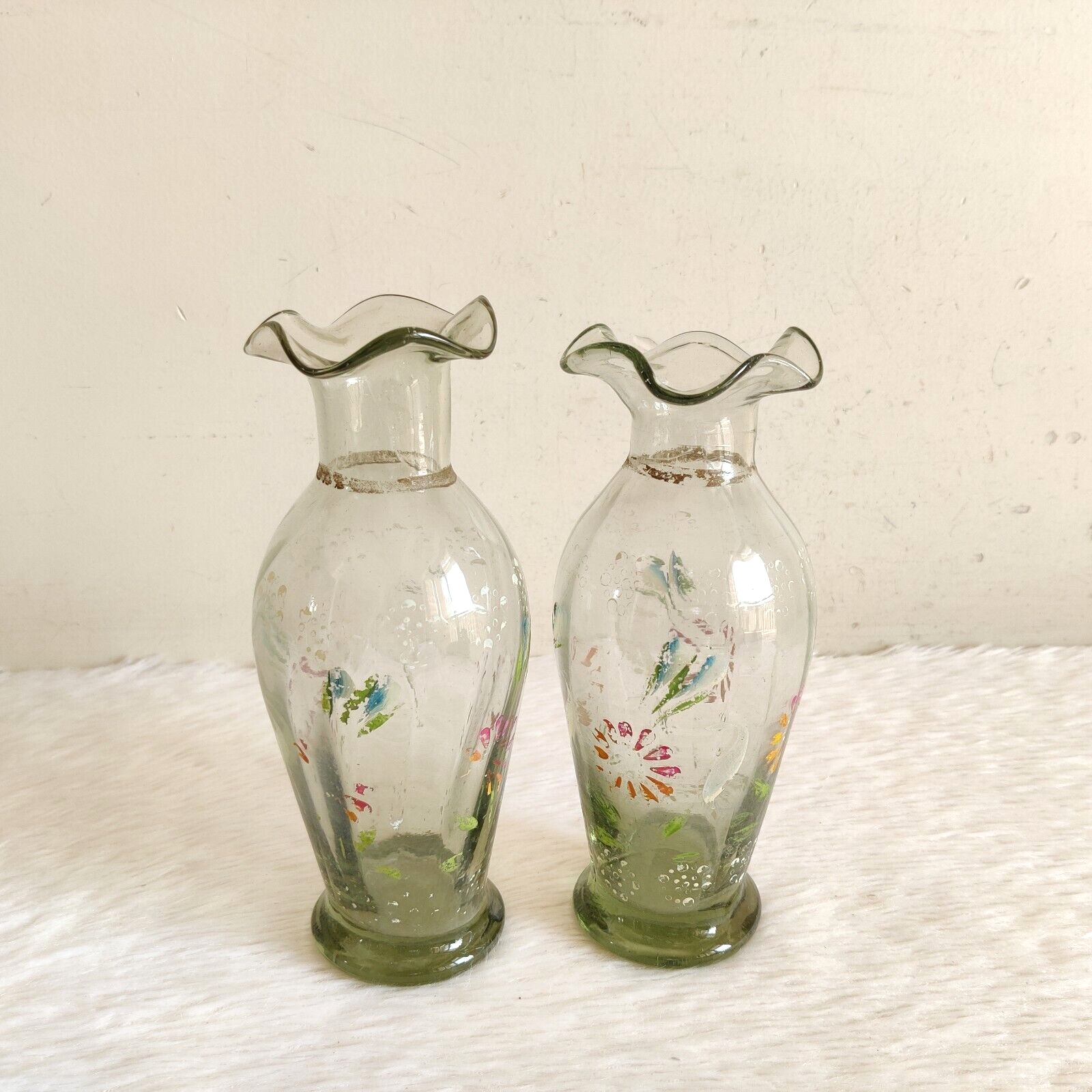 1930s Vintage Floral Artwork Glass Design Flower Vase Decorative Pair Rare GV197