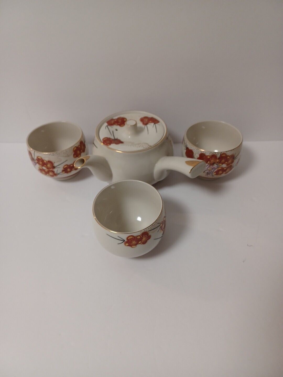 Vintage 1960’s Kutani Japanese Porcelain Tea Set Hand Painted Floral Gold Trim 