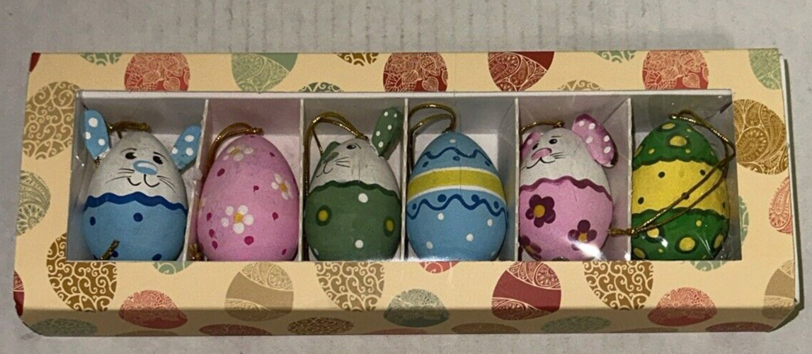 Russian Lavrovo Bunny Rabbit Theme Easter Set Of 6 Wood Eggs Folk Art Design 2\