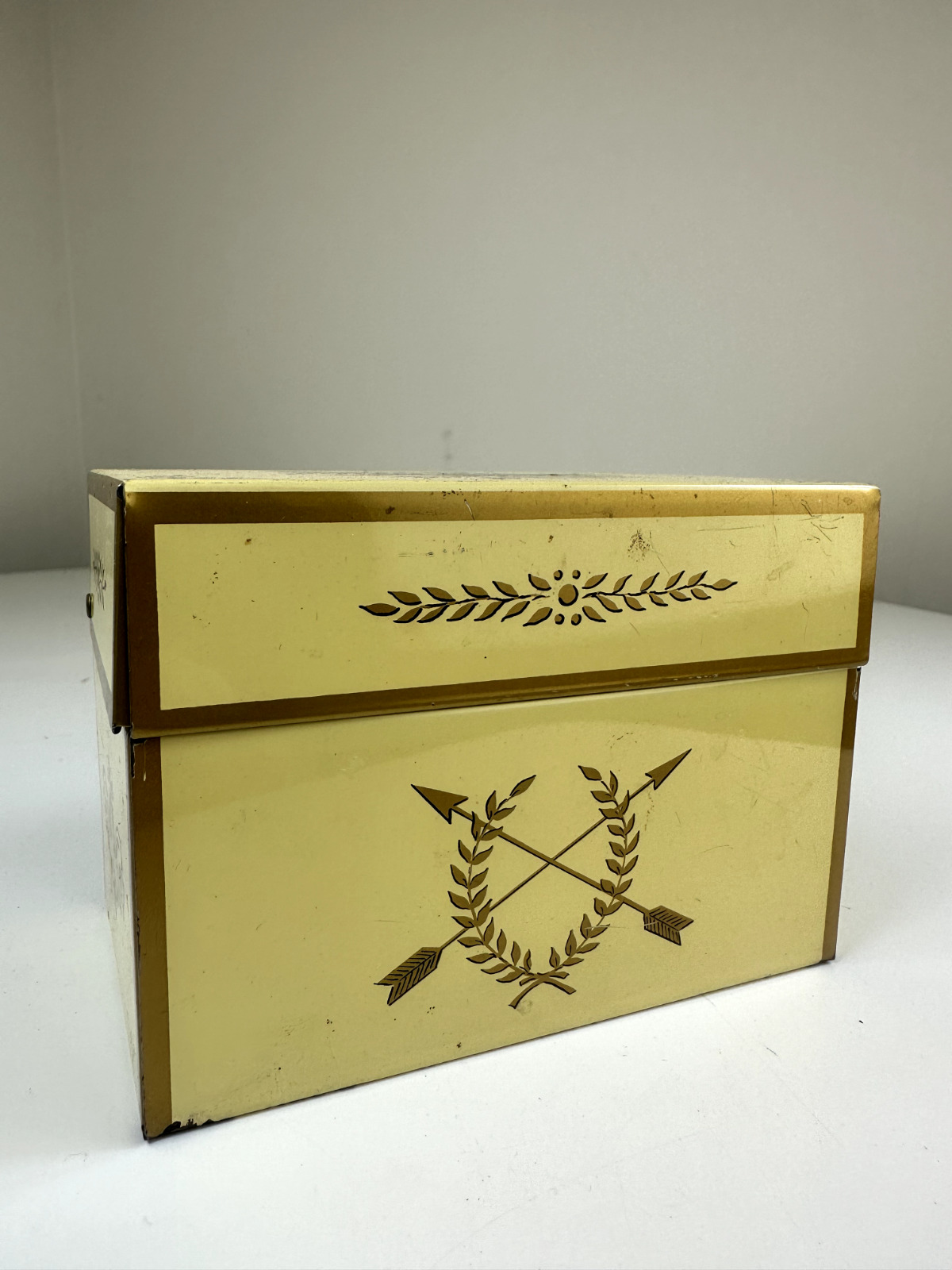 Vintage Tin Recipe Box Crossed Arrow Gold Ohio Art Co. Retro Kitchen FULL BOX