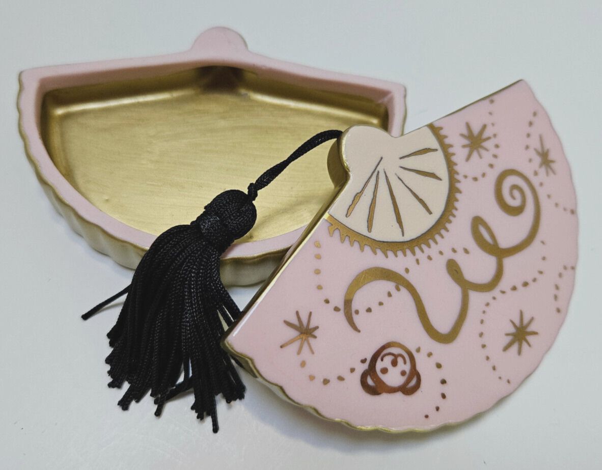 1995 Muffy VanderBear Fan Shaped Porcelain Trinket Box Pink Gold Black Tassel