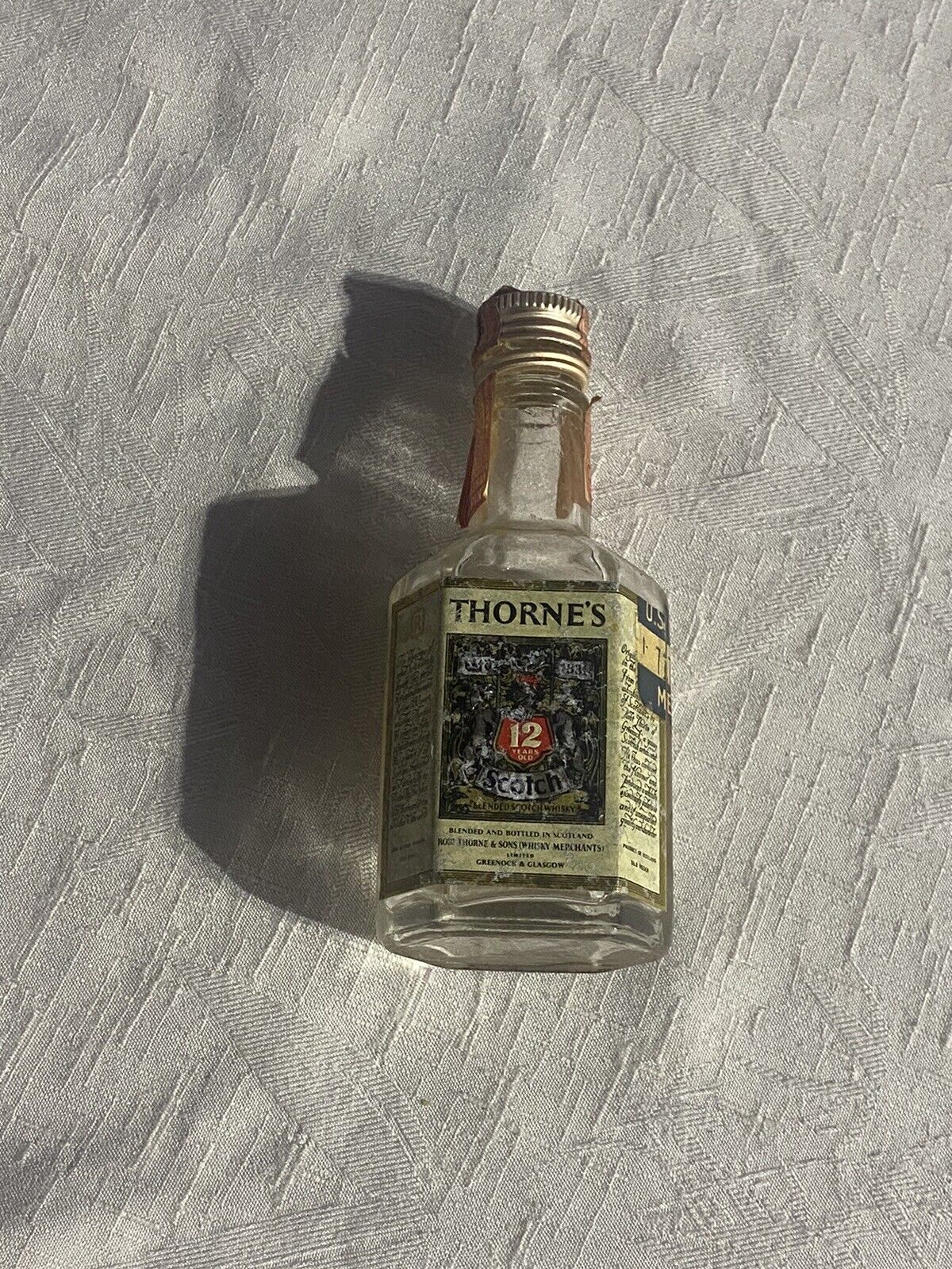 Vintage Thorne\'s Scotch Miniature Alcohol Bottle / Empty / US Navy Mess Stamp