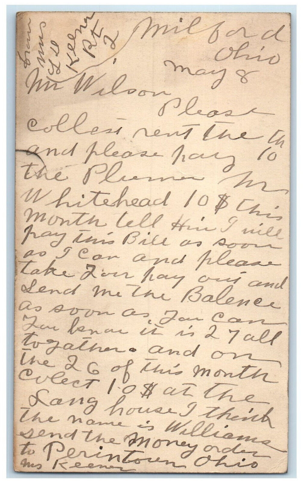1916 Mr. Wilson Send Money Order to Perintown Ohio OH Milford Ohio OH Postcard