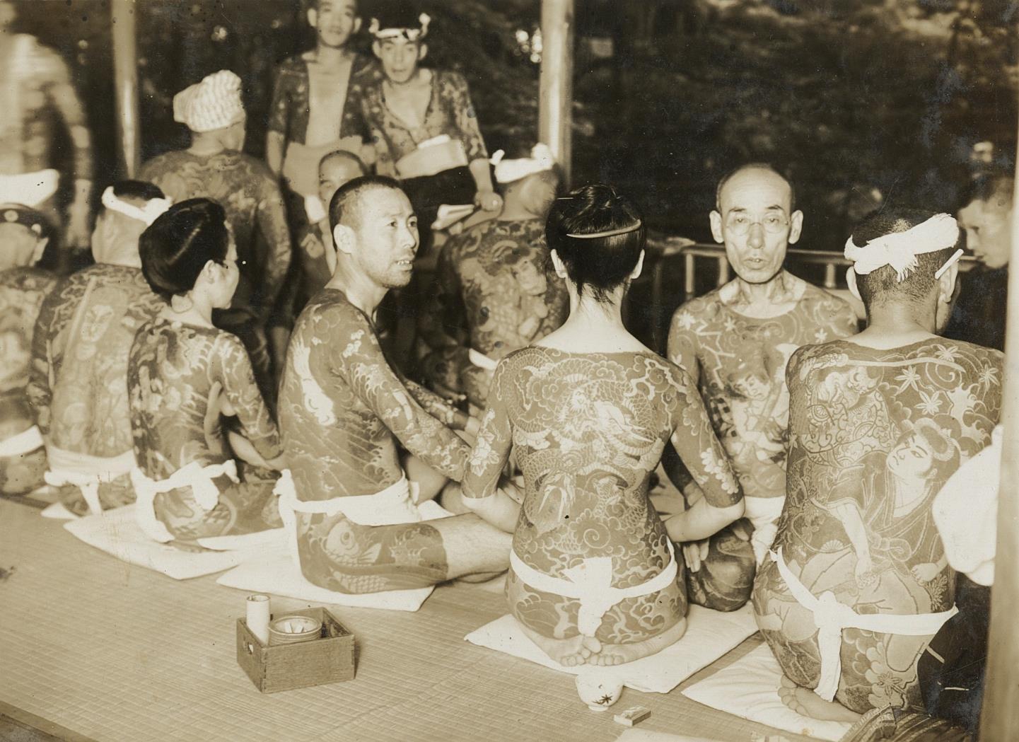 c. 1910's Yakuza Group of Men & Women with Full Body Tattoos Photograph