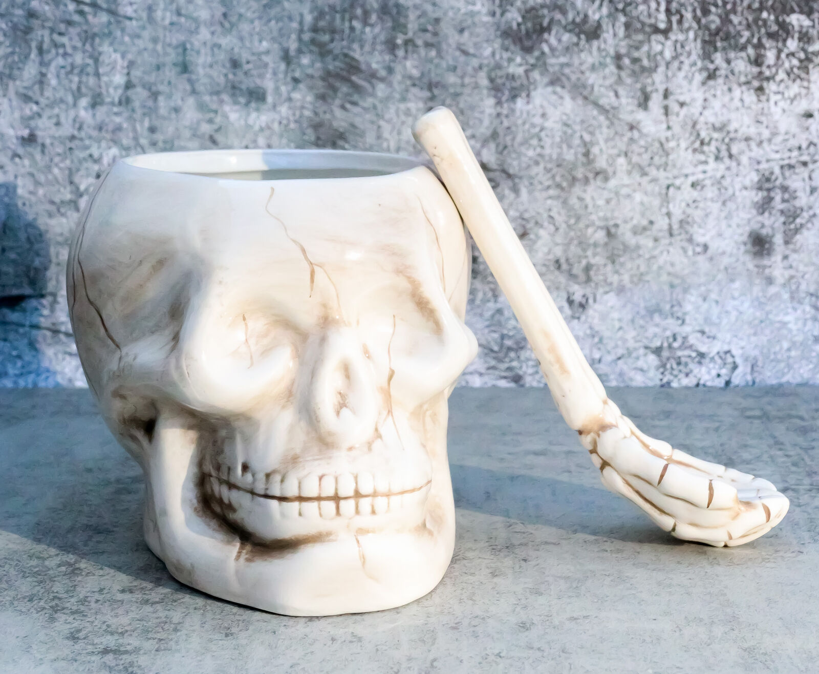 Ebros Ceramic Homosapien Human Skull Bowl With Skeletal Hand Spoon 6\