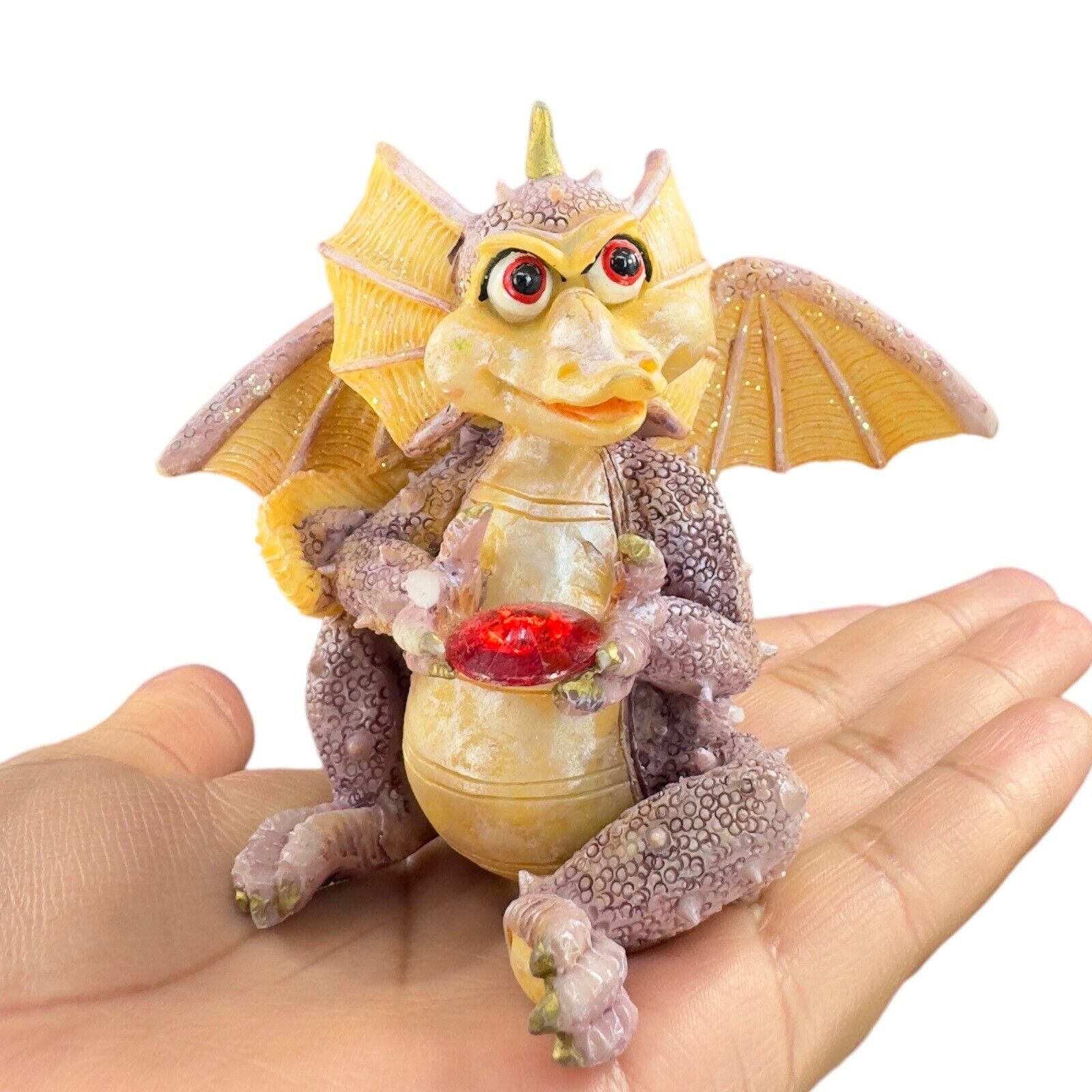 Creepy Dragon Figurine Holding A Red Gem Stone Whimsical Figure 4”Wide 3”Tall