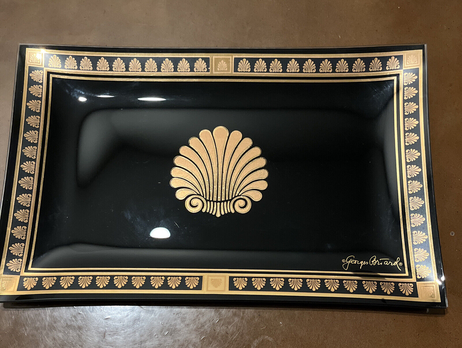 Vintage Georges Briard MCM Black Glass Tray w/Gold Seashell Motif - 13.5” X 9