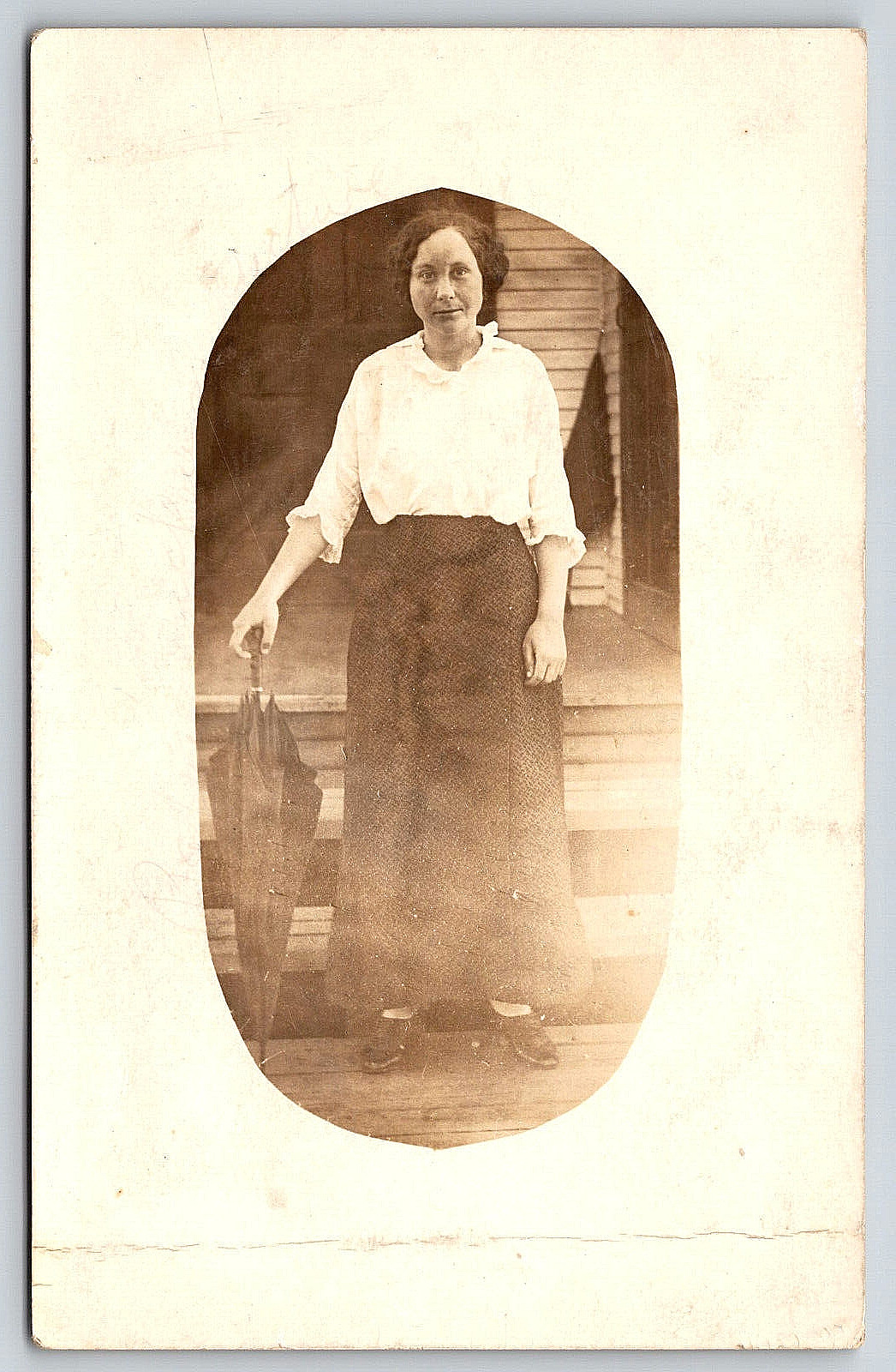 Postcard RPPC Real Photo Woman Standing In Dress With Umbrella Vintage Unposted