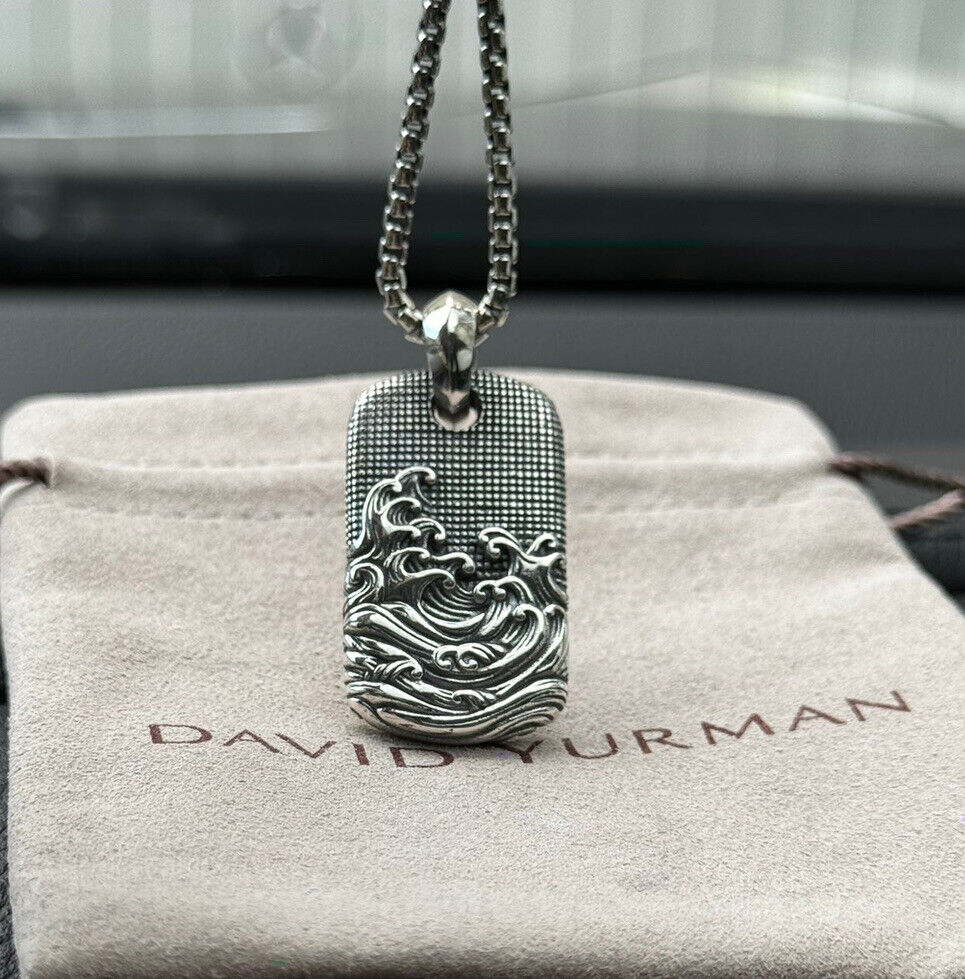 David Yurman Sterling Silver 35MM Waves Dog Tag Amulet Pendant 925 & Chain 22 In