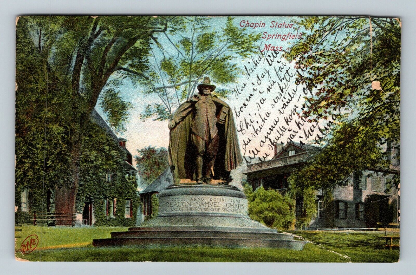 Springfield MA-Massachusetts, Deacon Samuel Chapin Statue c1907 Vintage Postcard