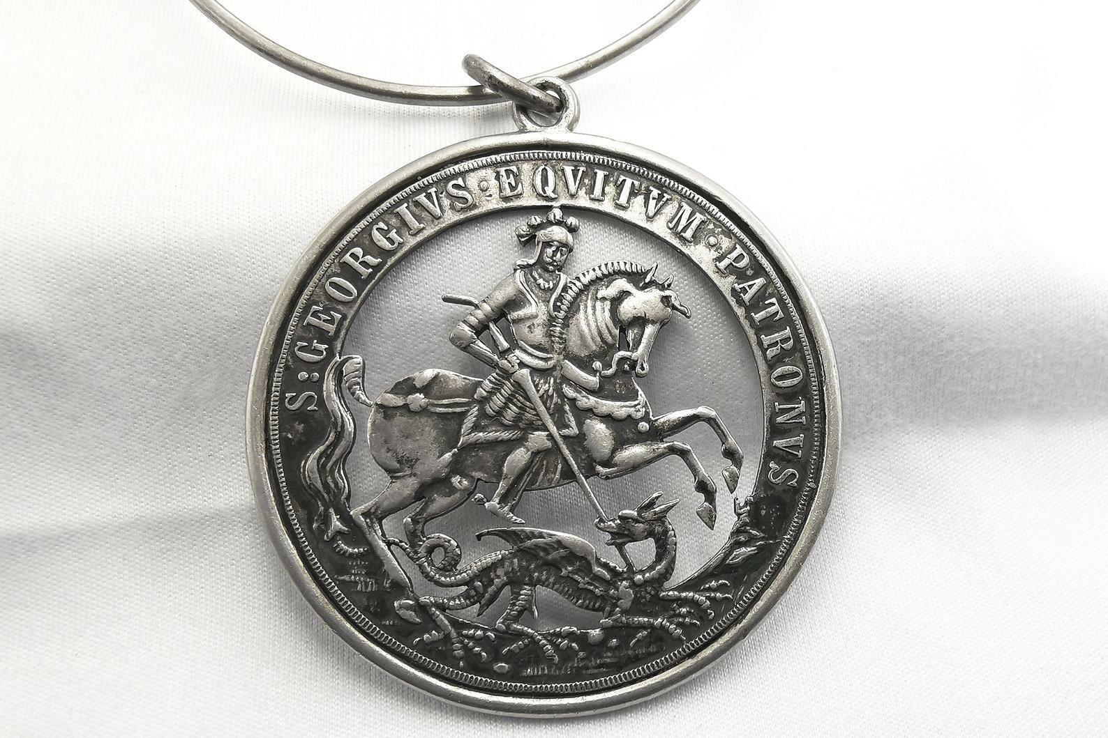 Large Big Medal of Saint George, Openwork, Sterling Silver 