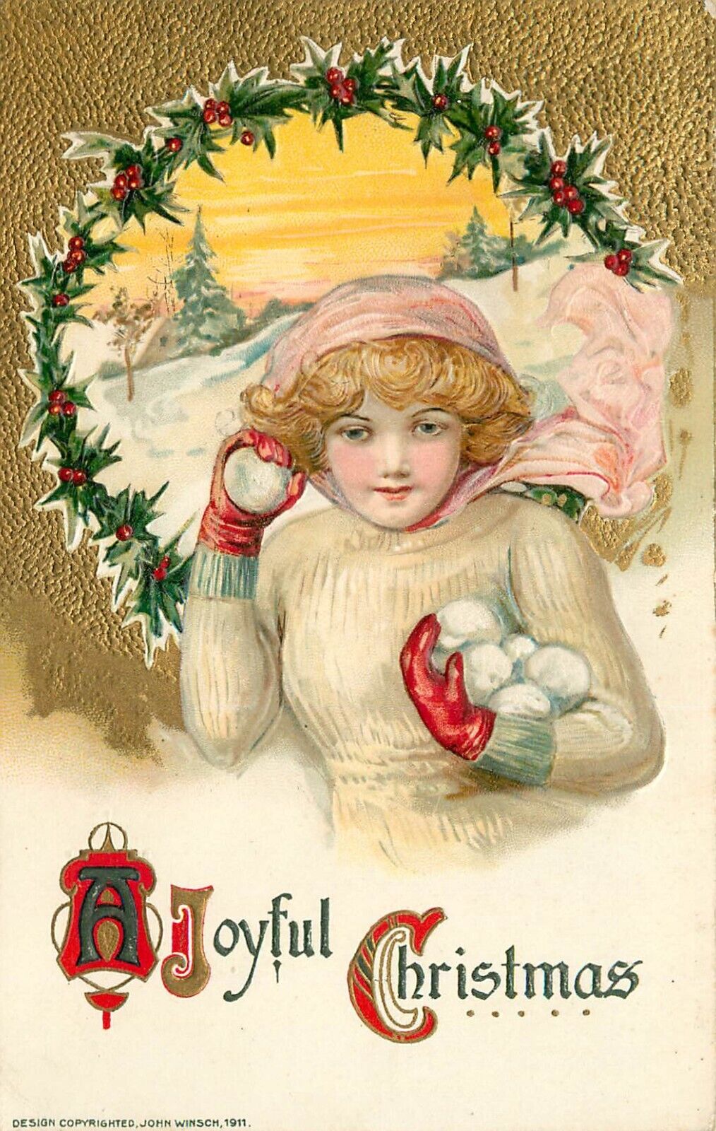 Embossed Christmas Postcard Schmucker Winsch Woman With Snowballs